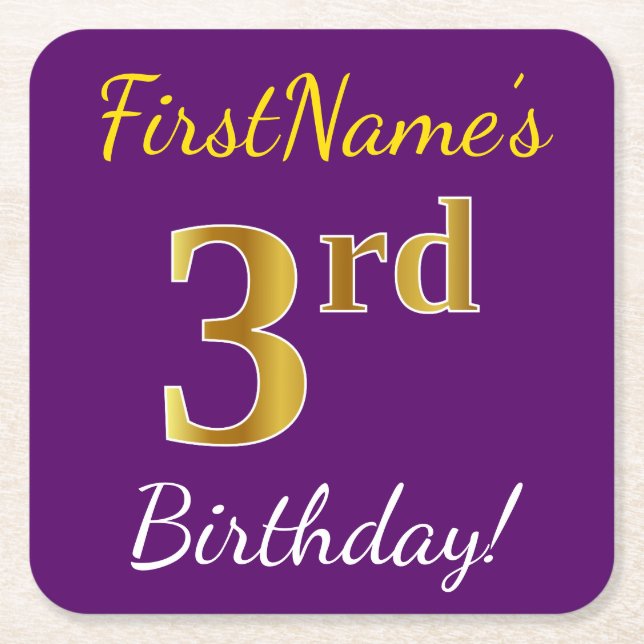 Purple, Faux Gold 3rd Birthday + Custom Name Square Paper Coaster (Front)