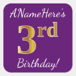 [ Thumbnail: Purple, Faux Gold 3rd Birthday + Custom Name Sticker ]