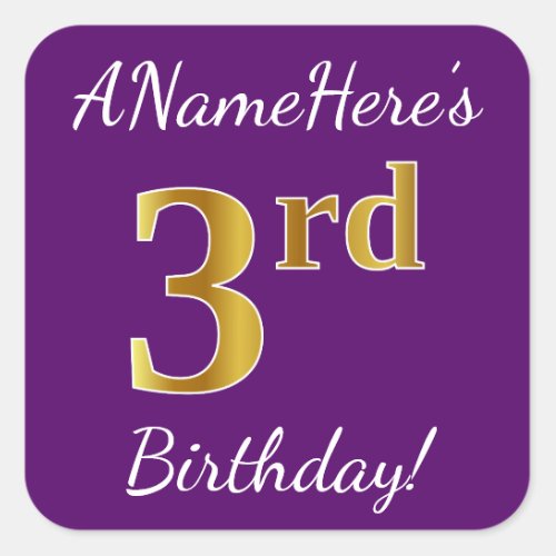 Purple Faux Gold 3rd Birthday  Custom Name Square Sticker