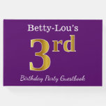 [ Thumbnail: Purple, Faux Gold 3rd Birthday Party + Custom Name Guest Book ]