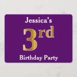 [ Thumbnail: Purple, Faux Gold 3rd Birthday Party + Custom Name Invitation ]