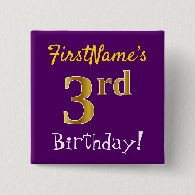 Purple, Faux Gold 3rd Birthday, With Custom Name Button (Front)