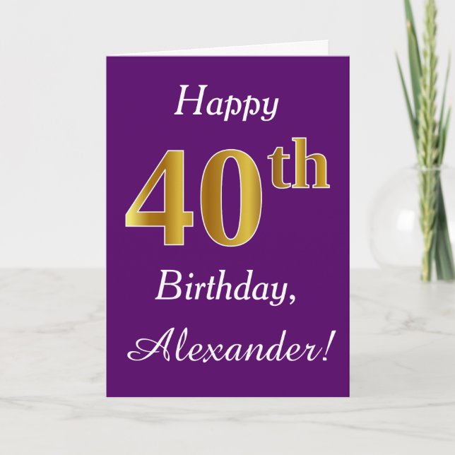 Purple, Faux Gold 40th Birthday + Custom Name Card (Front)