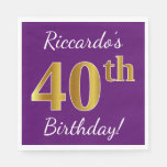 [ Thumbnail: Purple, Faux Gold 40th Birthday + Custom Name Paper Napkin ]