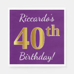 [ Thumbnail: Purple, Faux Gold 40th Birthday + Custom Name Napkins ]