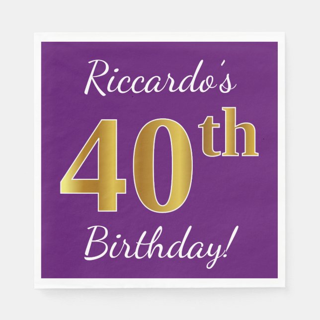 Purple, Faux Gold 40th Birthday + Custom Name Paper Napkins (Front)