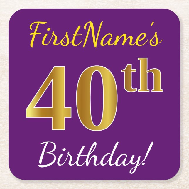 Purple, Faux Gold 40th Birthday + Custom Name Square Paper Coaster (Front)