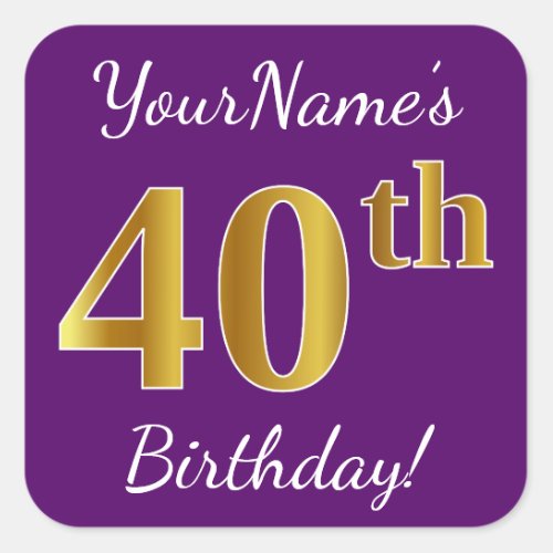 Purple Faux Gold 40th Birthday  Custom Name Square Sticker