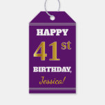 [ Thumbnail: Purple, Faux Gold 41st Birthday + Custom Name Gift Tags ]