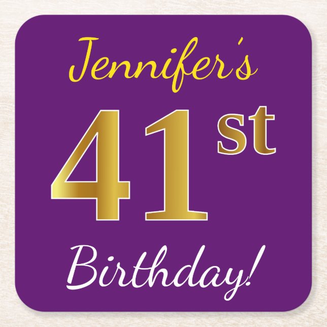 Purple, Faux Gold 41st Birthday + Custom Name Square Paper Coaster (Front)