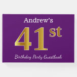 [ Thumbnail: Purple, Faux Gold 41st Birthday Party; Custom Name Guest Book ]