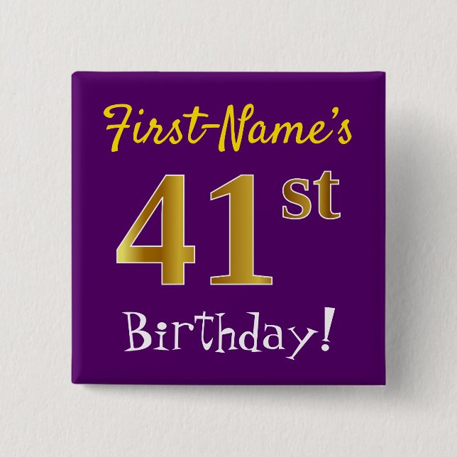 Purple, Faux Gold 41st Birthday, With Custom Name Button (Front)
