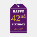 [ Thumbnail: Purple, Faux Gold 42nd Birthday + Custom Name Gift Tags ]