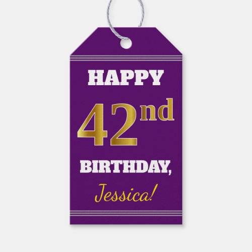 Purple Faux Gold 42nd Birthday  Custom Name Gift Tags