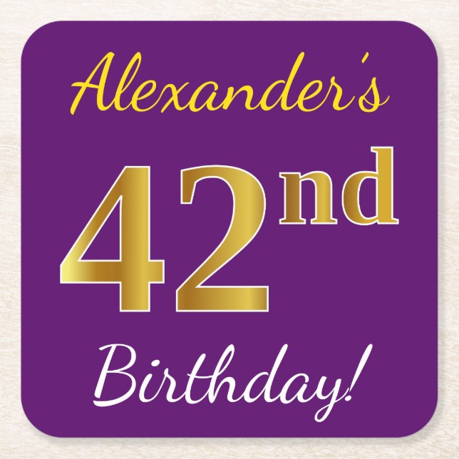 Purple, Faux Gold 42nd Birthday + Custom Name Square Paper Coaster (Front)