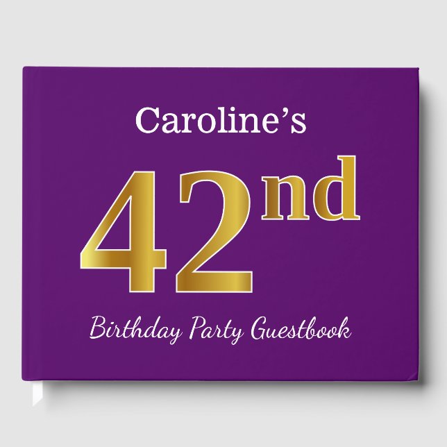 Purple, Faux Gold 42nd Birthday Party; Custom Name Guest Book (Front)