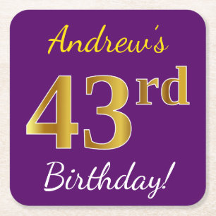 Purple, Faux Gold 43rd Birthday + Custom Name Square Paper Coaster