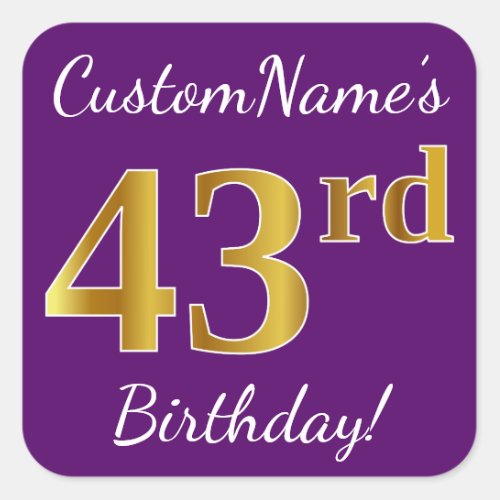 Purple Faux Gold 43rd Birthday  Custom Name Square Sticker