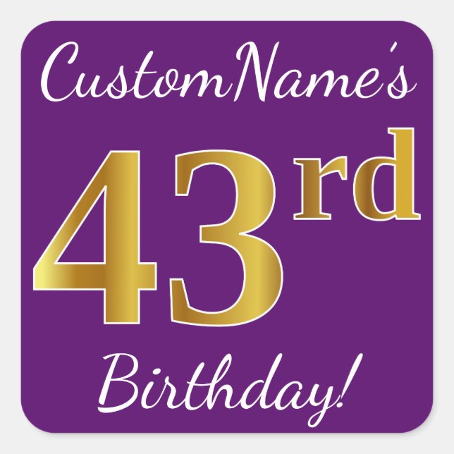 Purple, Faux Gold 43rd Birthday + Custom Name Square Sticker (Front)