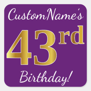 Purple, Faux Gold 43rd Birthday + Custom Name Square Sticker