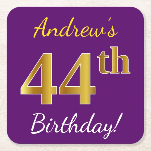 Purple Faux Gold 44th Birthday  Custom Name Square Paper Coaster