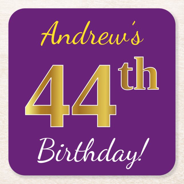 Purple, Faux Gold 44th Birthday + Custom Name Square Paper Coaster (Front)