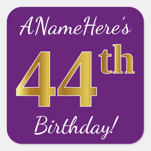 Purple Faux Gold 44th Birthday  Custom Name Square Sticker