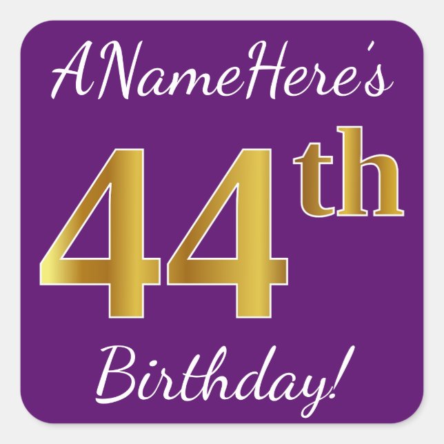 Purple, Faux Gold 44th Birthday + Custom Name Square Sticker (Front)