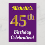 [ Thumbnail: Purple, Faux Gold 45th Birthday Celebration + Name Invitation ]