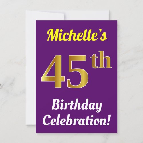 Purple Faux Gold 45th Birthday Celebration  Name Invitation