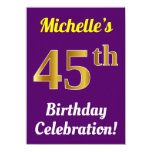 [ Thumbnail: Purple, Faux Gold 45th Birthday Celebration + Name Invitation ]