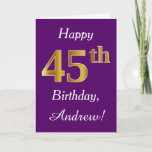[ Thumbnail: Purple, Faux Gold 45th Birthday + Custom Name Card ]