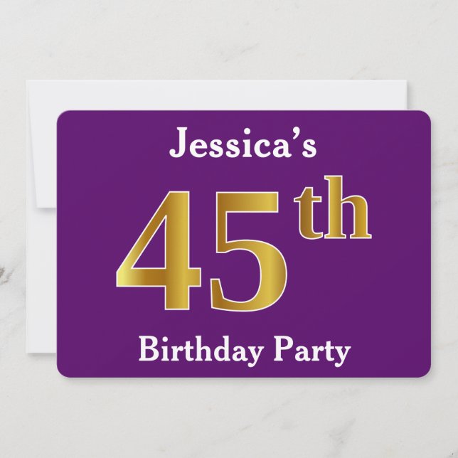 Purple, Faux Gold 45th Birthday Party; Custom Name Invitation (Front)