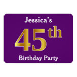 [ Thumbnail: Purple, Faux Gold 45th Birthday Party; Custom Name Invitation ]