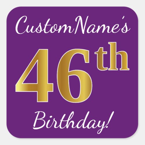 Purple Faux Gold 46th Birthday  Custom Name Square Sticker
