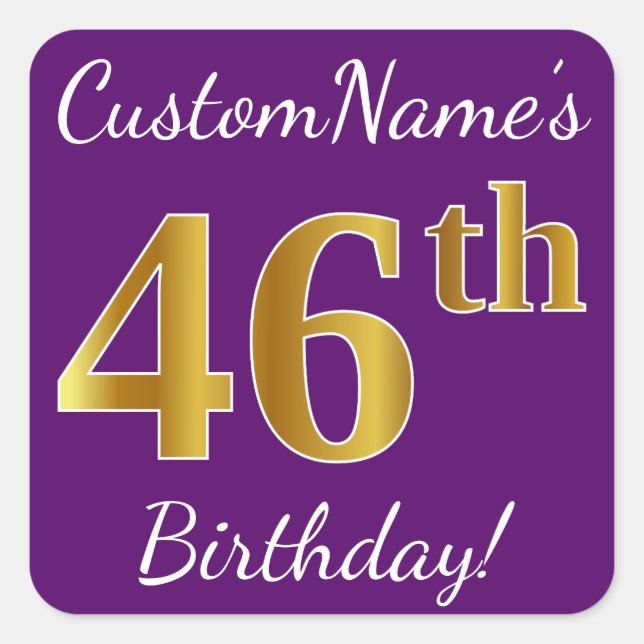 Purple, Faux Gold 46th Birthday + Custom Name Square Sticker (Front)