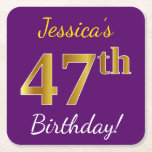 [ Thumbnail: Purple, Faux Gold 47th Birthday + Custom Name Paper Coaster ]