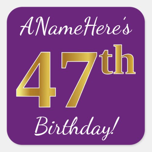 Purple Faux Gold 47th Birthday  Custom Name Square Sticker