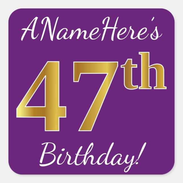 Purple, Faux Gold 47th Birthday + Custom Name Square Sticker (Front)