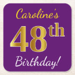 [ Thumbnail: Purple, Faux Gold 48th Birthday + Custom Name Paper Coaster ]