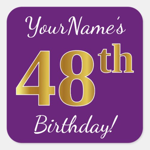 Purple Faux Gold 48th Birthday  Custom Name Square Sticker