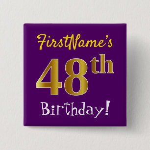 Purple, Faux Gold 48th Birthday, With Custom Name Button