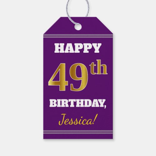 Purple Faux Gold 49th Birthday  Custom Name Gift Tags