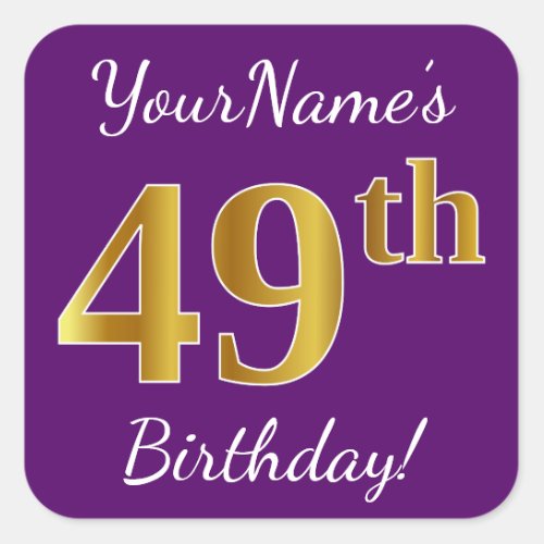 Purple Faux Gold 49th Birthday  Custom Name Square Sticker