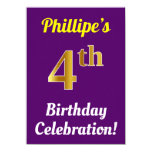 [ Thumbnail: Purple, Faux Gold 4th Birthday Celebration + Name Invitation ]