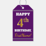 [ Thumbnail: Purple, Faux Gold 4th Birthday + Custom Name Gift Tags ]