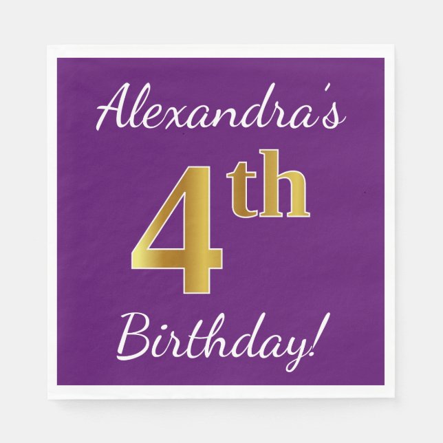 Purple, Faux Gold 4th Birthday + Custom Name Paper Napkins (Front)