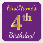 [ Thumbnail: Purple, Faux Gold 4th Birthday + Custom Name Paper Coaster ]