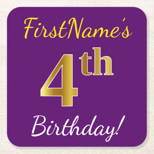 Purple Faux Gold 4th Birthday  Custom Name Square Paper Coaster