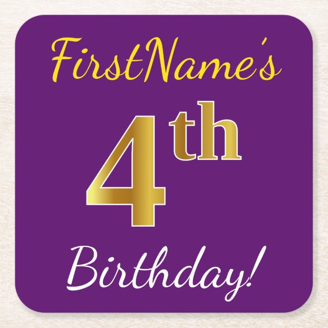 Purple, Faux Gold 4th Birthday + Custom Name Square Paper Coaster (Front)